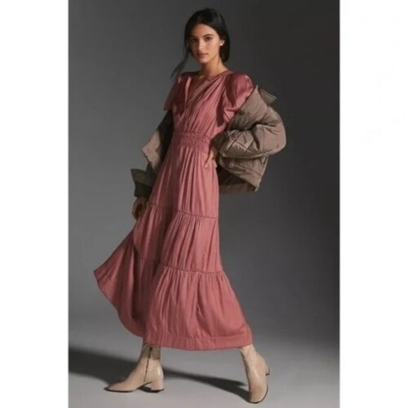 Anthropologie Somerset Pink Tiered Silky Maxi Dress Size S NEW